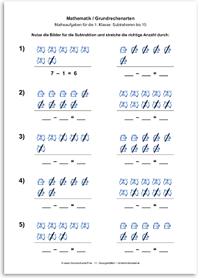 Download => Grundrechenarten => Subtraktion: Subtrahieren bis 10 mit Bildern (8)