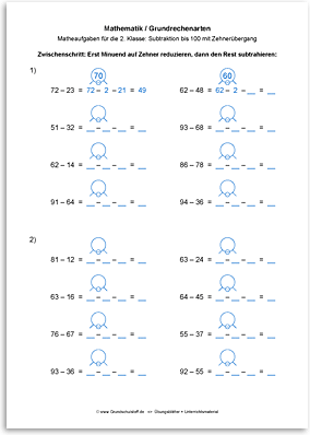 Download => Grundrechenarten => Subtraktion bis 100 mit Zehnerübergang (12)