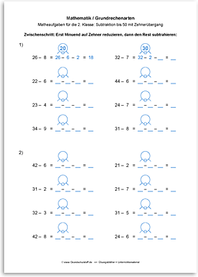 Download => Grundrechenarten => Subtraktion bis 100 mit Zehnerübergang (4)