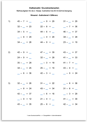 Download => Grundrechenarten => Subtraktion bis 100 mit Zehnerübergang (6)