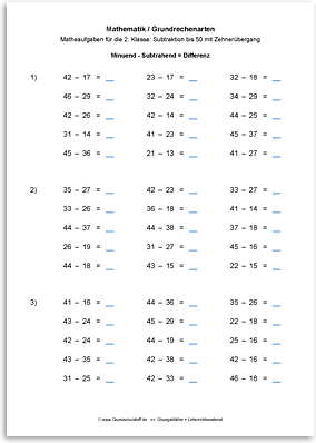 Download => Grundrechenarten => Subtraktion bis 100 mit Zehnerübergang (9)