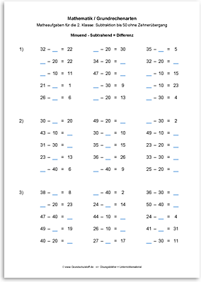 Download => Grundrechenarten => Subtrahieren bis 100 ohne Zehnerübergang (10)