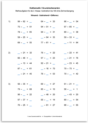 Download => Grundrechenarten => Subtrahieren bis 100 ohne Zehnerübergang (18)