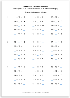 Download => Grundrechenarten => Subtrahieren bis 100 ohne Zehnerübergang (6)