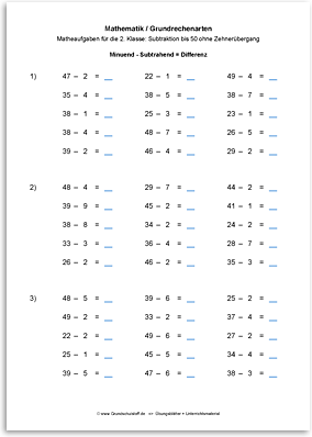 Download => Grundrechenarten => Subtrahieren bis 100 ohne Zehnerübergang (7)