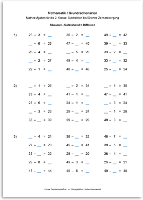 Download => Grundrechenarten => Subtrahieren bis 100 ohne Zehnerübergang (8)