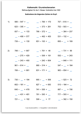 Download => Grundrechenarten => Subtraktion bis 1000 im Kopf (10)