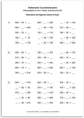 Download => Grundrechenarten => Subtraktion bis 1000 im Kopf (2)