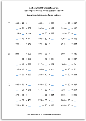 Download => Grundrechenarten => Subtraktion bis 1000 im Kopf (4)