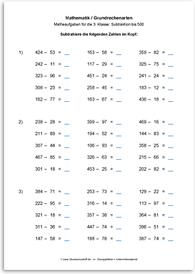 Download => Grundrechenarten => Subtraktion bis 1000 im Kopf (5)