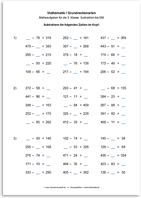 Download => Grundrechenarten => Subtraktion bis 1000 im Kopf (6)