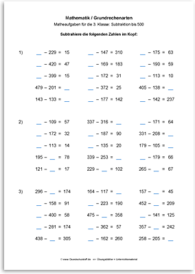 Download => Grundrechenarten => Subtraktion bis 1000 im Kopf (8)