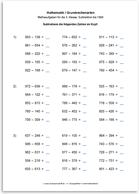 Download => Grundrechenarten => Subtraktion bis 1000 im Kopf (9)